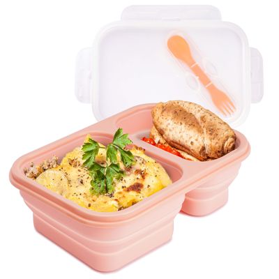 Ein guter Preis. 2 Abteilungen Klappbehälter mit Deckel Lunchbox mit Geschirr Klappbares Silikon Bento für Erwachsene BPA-frei Online