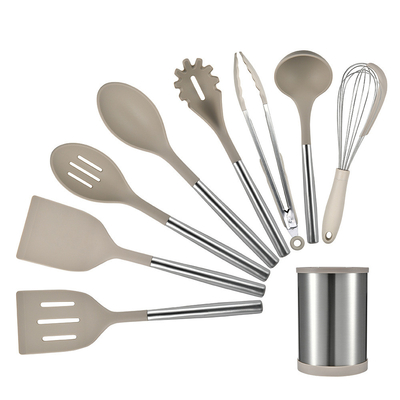 9 Stück Silikon-Küchenutensilien Set Nonstick Kochgeschirr mit Edelstahlgriffe Turner Tong,Spatula,Löffelbürste