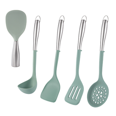 Ein guter Preis. 5 Stück nicht klebendes Küchengerät Silikon Kochgerät Set Silikon Kochgeschirr Küchengerät Geschenk mit Edelstahlgriff Online