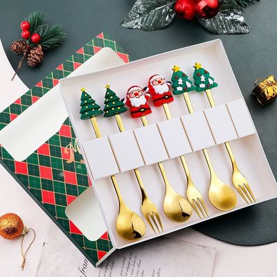 Custom Long-Handle Silikon Weihnachtslöffel & Gabel Set ️ Lebensmittelqualität Silikon + 304 Edelstahl ♫ Feiertags-Cartoon Besteck für Kinder & Erwachsene